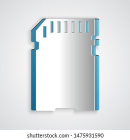 Paper cut SD card icon isolated on grey background. Memory card. Adapter icon. Paper art style. Vector Illustration
