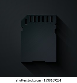 Paper cut SD card icon isolated on black background. Memory card. Adapter icon. Paper art style. Vector Illustration