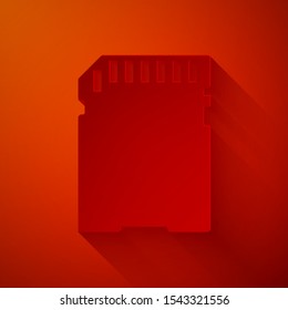 Paper cut SD card icon isolated on red background. Memory card. Adapter icon. Paper art style. Vector Illustration