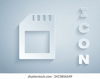 Paper cut SD card icon isolated on grey background. Memory card. Adapter icon. Paper art style. Vector