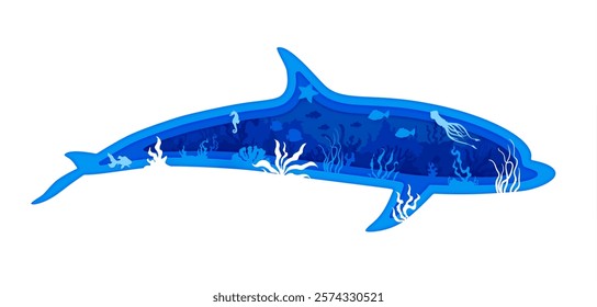 Paper cut sea dolphin silhouette with underwater landscape. Ocean underwater life paper cut backdrop. Sea wildlife 3d vector background or wallpaper with dolphin silhouette, seaweed, fish shoals