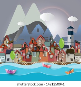 Paper Cut, sea, house, mountain, boat. Concept summer travel season
