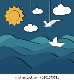 Paper cut sea with seagull and boat