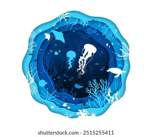 Papel corte mar paisagem subaquática com silhuetas animais. Arraia-gigante, cardume de peixe, água-viva e tartaruga no mar azul. Moldura ondulada de papel vetor 3d com cena encantadora de tranquilidade nas profundezas do oceano