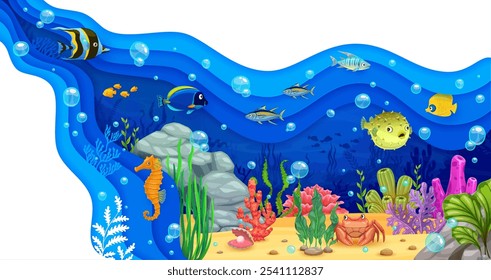 Paper cut sea underwater landscape with tropical fish, corals and seaweeds on the ocean bottom. 3d vector wavy frame with cartoon mesmerizing diversity of marine life beneath the oceanic water surface