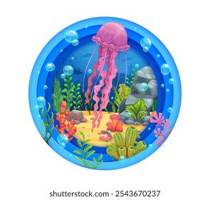 Paper cut sea underwater landscape with jellyfish, corals and seaweeds, vector banner. Undersea and ocean animals of coral reef in paper cut water waves, jelly fish, stingray and dolphins in seaweeds