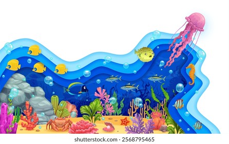 Paper cut sea underwater landscape with jellyfish, fish shoal and seaweeds, vector background. Paper cut undersea with funny coral reef fishes, crab and starfish with seahorse and tropical fishes