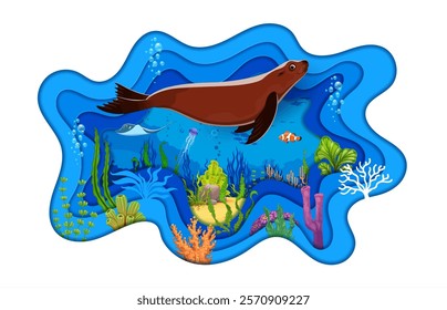 Paper cut sea underwater landscape with fur seal. Underwater life paper cut vector banner, aquatic nature animals wallpaper or 3d background with stingray, jellyfish, clown fish, seaweed plants