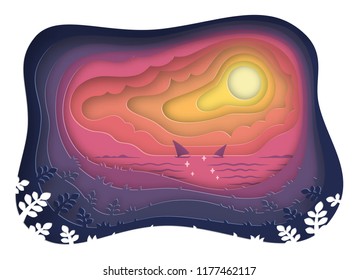 paper cut of sea view and sunset landscape with sailboat on the ocean, paper art style, vector and illustration