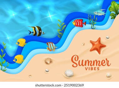 Paper cut sea wave with fishes and beach sand background. 3d vector vivid ocean shore, tropical coastal environment with bright fish swimming amongst blue waves with sea plants shells and summer vibe