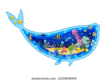 Paper cut sea whale silhouette with underwater landscape trimming with sea creatures, fish, coral reefs, jellyfish and marine plants. 3d vector papercut frame embodies the beauty of ocean ecosystem