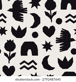 Paper cut seamless pattern. Black cutout shapes, abstract heart, flower, bird, star. Decorative print for fabric, web desktop, wrapping, racy vector background
