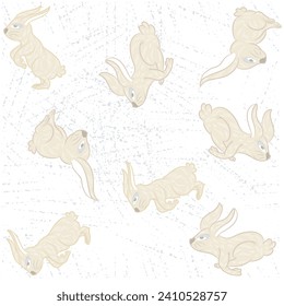 Paper Cut Seamless Rabbit with Doodle Flower, Leave on Green Mint Background,Vector Zodiac Chinese New Year 2023 Sign Element,Tissue Pattern Easter Rabbit with Floral Fantasy Hare for Wrapping Paper o