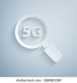 Paper cut Search 5G new wireless internet wifi connection icon isolated on grey background. Global network high speed connection data rate technology. Paper art style. Vector.