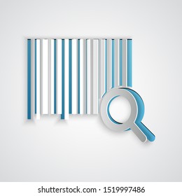 Paper cut Search barcode icon isolated on grey background. Magnifying glass searching barcode. Barcode label sticker. Research barcode. Paper art style. Vector Illustration