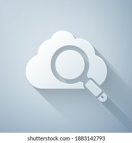 Paper cut Search cloud computing icon isolated on grey background. Magnifying glass and cloud. Paper art style. Vector
