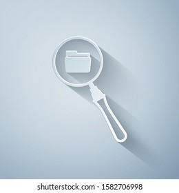 Paper cut Search concept with folder icon isolated on grey background. Magnifying glass and document. Data and information sign. Paper art style. Vector Illustration
