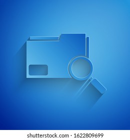 Paper cut Search concept with folder icon isolated on blue background. Magnifying glass and document. Data and information sign. Paper art style. Vector Illustration