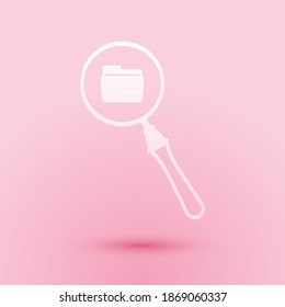 Paper cut Search concept with folder icon isolated on pink background. Magnifying glass and document. Data and information sign. Paper art style. Vector.