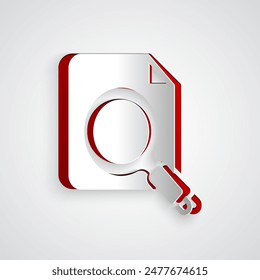Paper cut Search concept with folder icon isolated on grey background. Magnifying glass and document. Data and information sign. Paper art style. Vector
