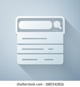 Paper cut Search engine icon isolated on grey background. Paper art style. Vector