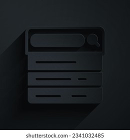 Recorte de papel Icono del motor de búsqueda aislado en fondo negro. Estilo de arte de papel. Vector