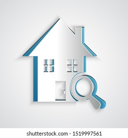 Paper cut Search house icon isolated on grey background. Real estate symbol of a house under magnifying glass. Paper art style. Vector Illustration