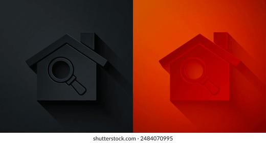 Paper cut Search house icon isolated on black and red background. Real estate symbol of a house under magnifying glass. Paper art style. Vector