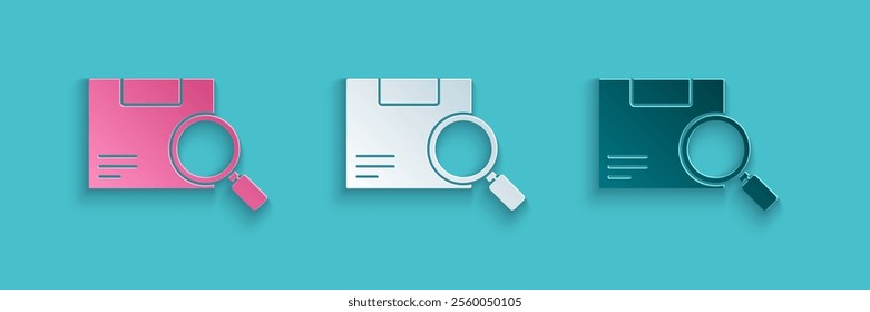 Paper cut Search package icon isolated on blue background. Parcel tracking. Magnifying glass and cardboard box. Logistic and delivery. Paper art style. Vector Illustration