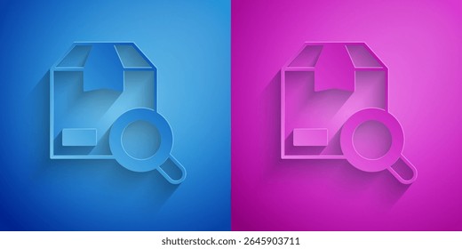 Paper cut Search package icon isolated on blue and purple background. Parcel tracking symbol. Magnifying glass and cardboard box. Logistic and delivery. Paper art style. Vector