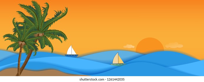 Paper cut seascape with steam boat and coco nut trees by the sea, Vector illustration,Panorama sea beach in evening origami paper art with blue ocean for Summer or holiday background 