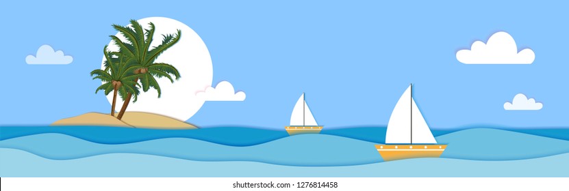 Paper cut seascape with steam boat and coco nut trees in island, Vector illustration,Panorama sea beach origami paper art style with blue ocean, Landscape Spring and Summer background 