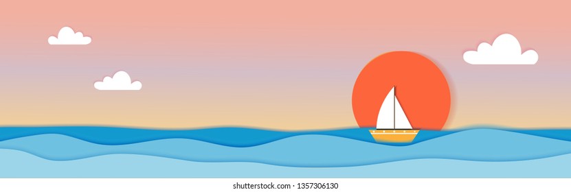 Paper cut seascape with steam boat and sunset in evening, Vector illustration,Panorama sea beach origami paper art style with blue ocean, Landscape Spring and Summer background 