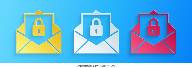 Paper cut Secure mail icon isolated on blue background. Mailing envelope locked with padlock. Paper art style. Vector.