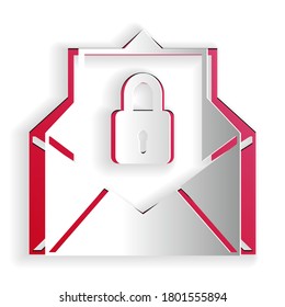 Paper cut Secure mail icon isolated on white background. Mailing envelope locked with padlock. Paper art style. Vector.