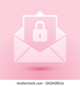 Paper cut Secure mail icon isolated on pink background. Mailing envelope locked with padlock. Paper art style. Vector.