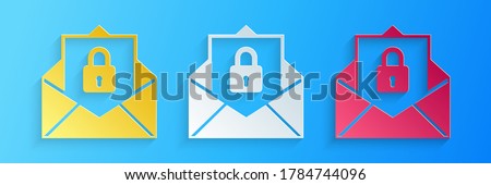 Paper cut Secure mail icon isolated on blue background. Mailing envelope locked with padlock. Paper art style. Vector.