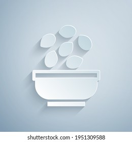 Paper Cut Seeds In Bowl Icon Isolated On Grey Background. Paper Art Style. Vector