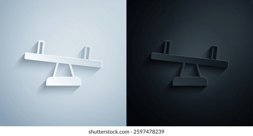Paper cut Seesaw icon isolated on grey and black background. Teeter equal board. Playground symbol. Paper art style. Vector