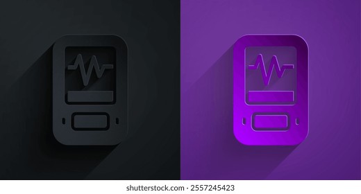 Paper cut Seismograph icon isolated on black on purple background. Earthquake analog seismograph. Paper art style. Vector