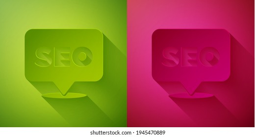 Paper cut SEO optimization icon isolated on green and pink background. Paper art style. Vector