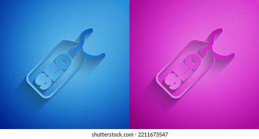 Paper cut SEO optimization icon isolated on blue and purple background. Paper art style. Vector