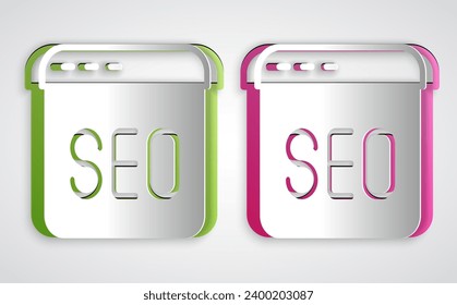 Icono de optimización SEO de corte de papel aislado en fondo gris. Estilo de arte de papel. Vector