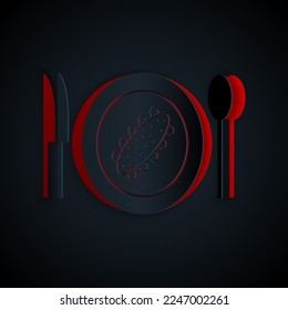 Paper cut Served cucumber on a plate icon isolated on black background. Marine food. Paper art style. Vector