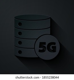 Paper cut Server 5G new wireless internet wifi connection icon isolated on black background. Global network high speed connection data rate technology. Paper art style. Vector.