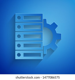 Paper cut Server and gear icon isolated on blue background. Adjusting app, service concept, setting options, maintenance, repair, fixing. Paper art style. Vector Illustration