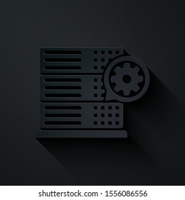 Paper cut Server and gear icon isolated on black background. Adjusting app, service concept, setting options, maintenance, repair, fixing. Paper art style. Vector Illustration
