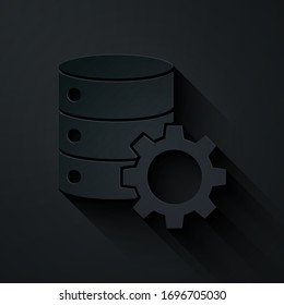 Paper cut Server and gear icon isolated on black background. Adjusting app, service concept, setting options, maintenance, repair, fixing. Paper art style. Vector Illustration