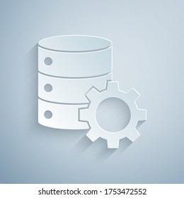 Paper cut Server and gear icon isolated on grey background. Adjusting app, service concept, setting options, maintenance, repair, fixing. Paper art style. Vector Illustration