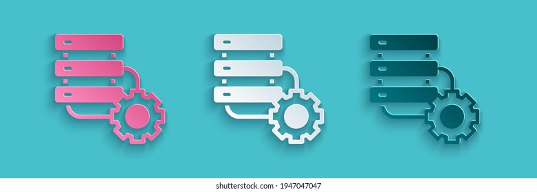 Cortar papel El servidor y el icono de engranaje aislados en el fondo azul. Ajuste de aplicaciones, concepto de servicio, opciones de configuración, mantenimiento, reparación, arreglo. Estilo de arte de papel. Vector